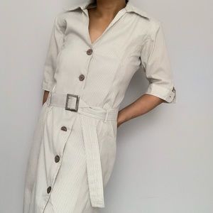 1950's Style Striped Collar Button Square Belt Maxi House Dress in Cream (XS-S)